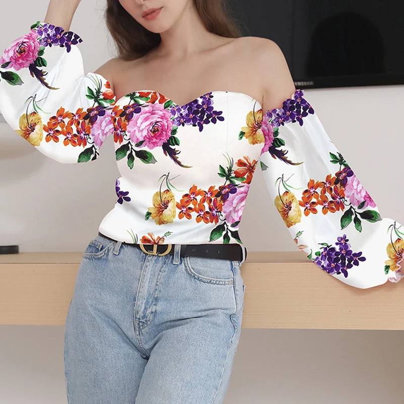 chemises et blouses sexy,chemisier courte fleuris blanche femme nouvelle collection 2024,vêtements femmes tendances 2024,blouse a épaule dénudé manche longue femme,haut dos nus femme elegant chic