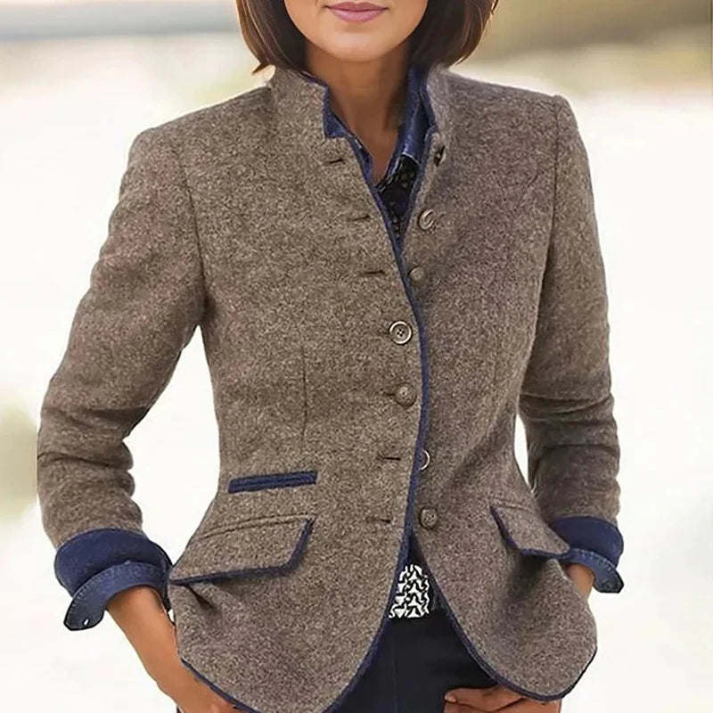 Veste Slim à simple boutonnage pour femme, manteau à col roulé et manches longues, avec poches élégantes, vêtements d'extérieur courts, rétro, blocage de couleur, hiver