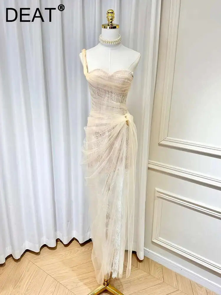 DEAT Women's Single Shoulder Spliced Lace Slit Long Dress 2025 Summer Solid Color Zipper Sleeveless Split Elegant Dresses 15C455