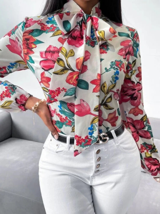 Vêtements de travail à imprimé floral pour femmes, chemise à nœud, habillage de bureau, vêtements d'affaires décontractés, mode