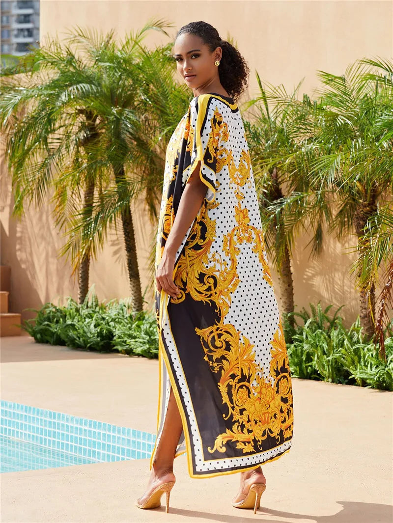 Tenues de plage pour femmes, cache-maillot de bain, robe caftan, tunique longue, Maxi, grande taille, maillot de bain imprimé Polyester