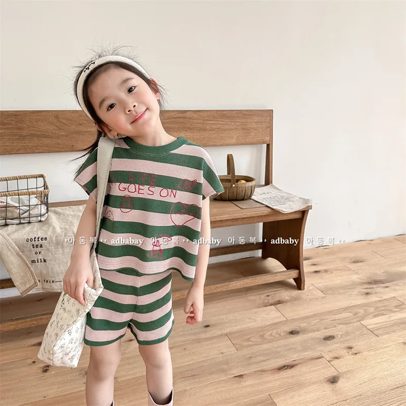 deer jonmi 2024 Summer Korean Style Unisex Kids Striped Outfits Embroidery Loose Tops Shorts 2pcs Toddlers Kids Clothing Sets