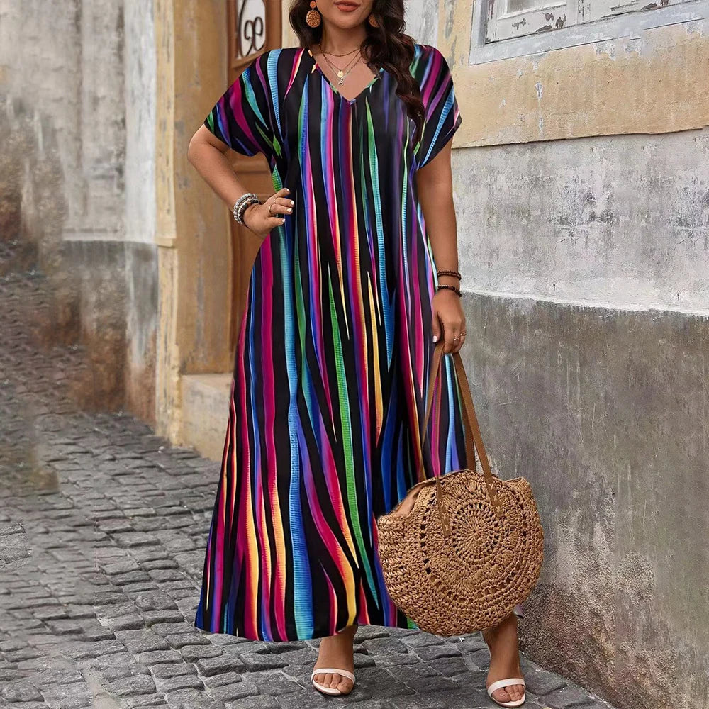 Grande taille femmes Boho imprimé manches courtes T-Shirts robe Maxi été dames décontracté plage vacances robe d'été Size1XL-5XL