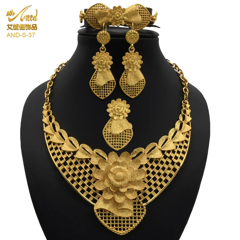 ANIID-Ensembles de bijoux africains pour femmes, boucles d'oreilles fleur, collier ras du cou, bracelet, hawaïen, indien, Dubaï, bijoux dorés, accessoires