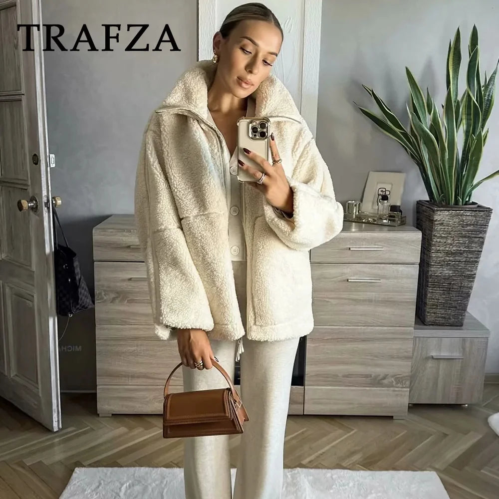 TRAFZA 2024 automne hiver décontracté femmes vestes mode Streetwear épais surdimensionné solide fermeture éclair O cou Teddy polaire dames manteaux