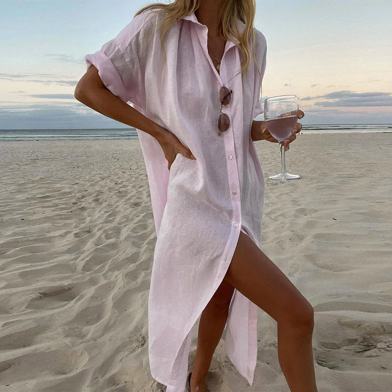 BAMBOOBOY Summer Long Dress Women Three-quarter Sleeve Button Shirts Single Breasted Dresses V-Neck Loose Slit Beach Sundress