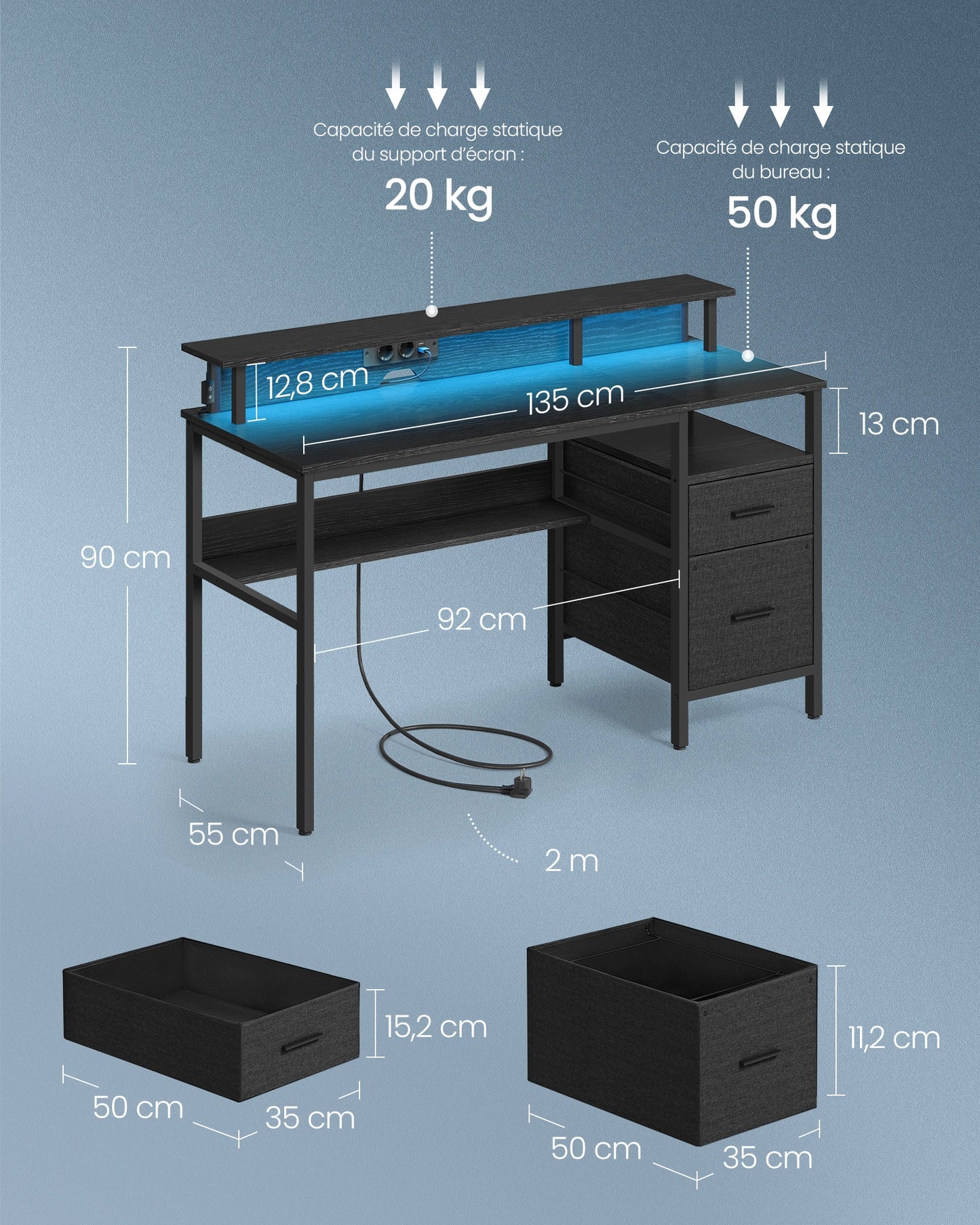 VASAGLE Bureau Gaming avec Lumières LED et Multiprise, Bureau Informatique avec Support d'Écran, Table avec Rangement, 2 Tiroirs en Tissu, 2 Ports USB, pour Bureau