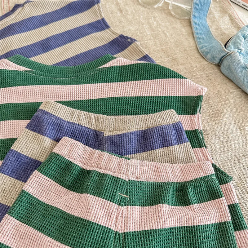 deer jonmi 2024 Summer Korean Style Unisex Kids Striped Outfits Embroidery Loose Tops Shorts 2pcs Toddlers Kids Clothing Sets