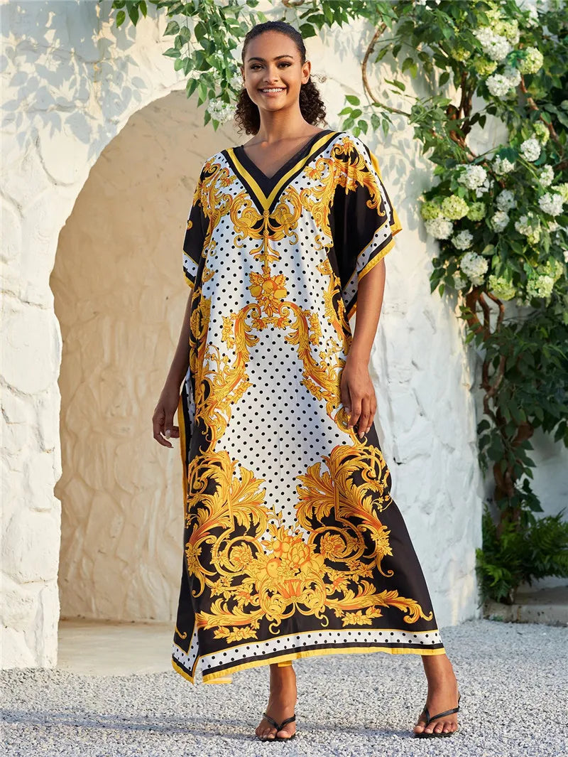 Tenues de plage pour femmes, cache-maillot de bain, robe caftan, tunique longue, Maxi, grande taille, maillot de bain imprimé Polyester