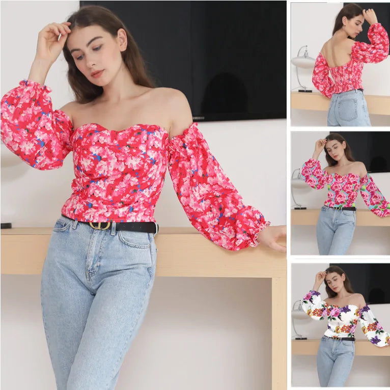 chemises et blouses sexy,chemisier courte fleuris blanche femme nouvelle collection 2024,vêtements femmes tendances 2024,blouse a épaule dénudé manche longue femme,haut dos nus femme elegant chic