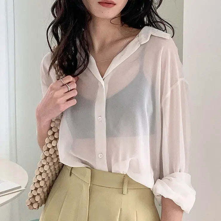T-Shirts blancs transparents à manches longues pour femmes, chemisier d'été sexy, maille transparente, mode coréenne décontractée, cardigan boutonné, Y-Y2K