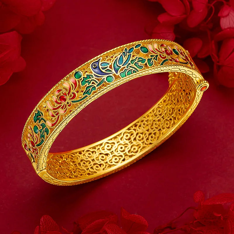 AU999 or méthode ancienne creux 24K bracelet en or véritable femmes léger luxe émail bleu palais style filigrane bracelet