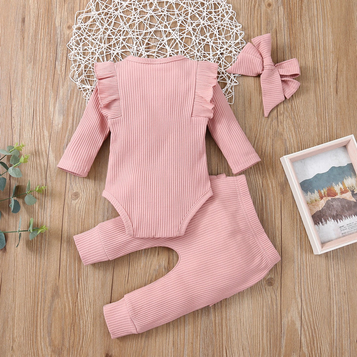 3Pcs Baby Girl Outfit Set Newborn Toddler Kids Clothing Set Baby Girls Lace Ruffles Cotton Bodysuit +Pants+Headband Clothing