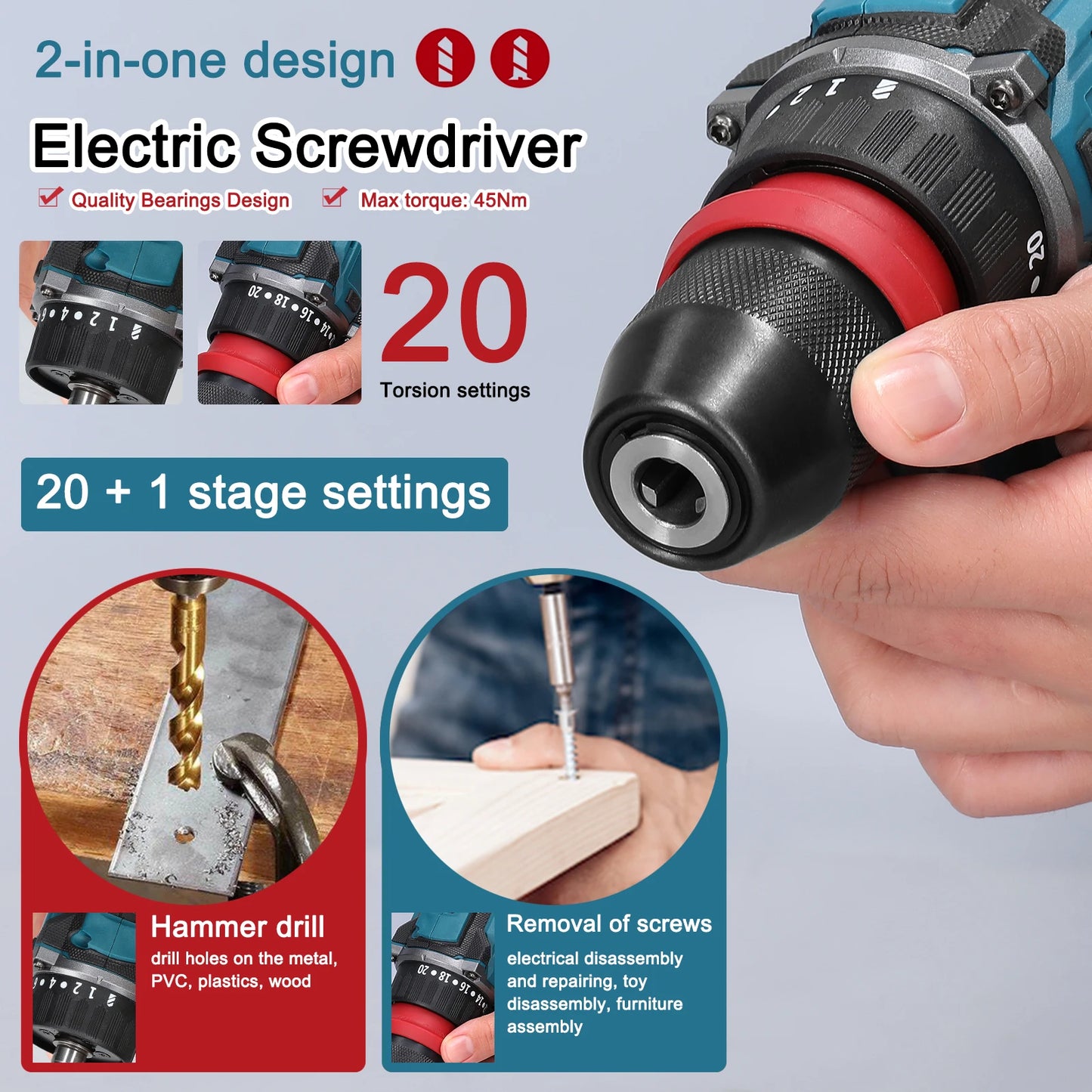 Tournevis électrique sans fil 2 en 1, perceuse, moteur sans balais, couple 45/55Nm, régulation de vitesse en continu, perceuse à pilote au Lithium portable