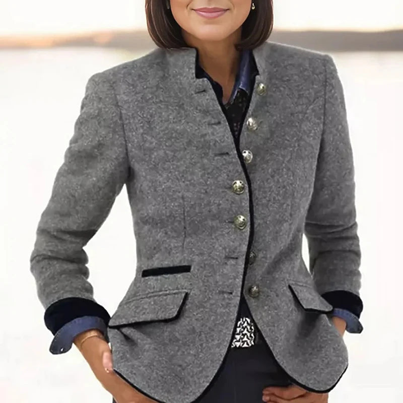 Veste Slim à simple boutonnage pour femme, manteau à col roulé et manches longues, avec poches élégantes, vêtements d'extérieur courts, rétro, blocage de couleur, hiver