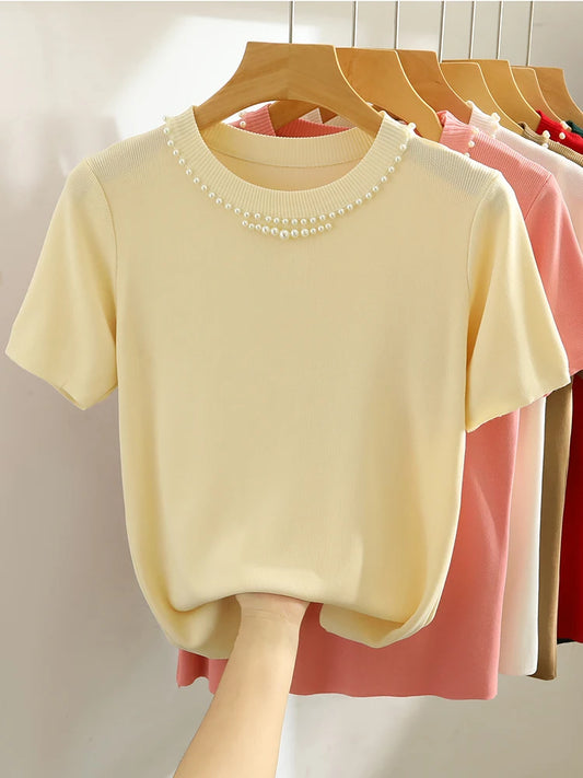 Corée tricoté T-shirt femmes haut solide réservoir Y2K été nouvelle mode femme sans manches perles décontracté mince hauts 2025