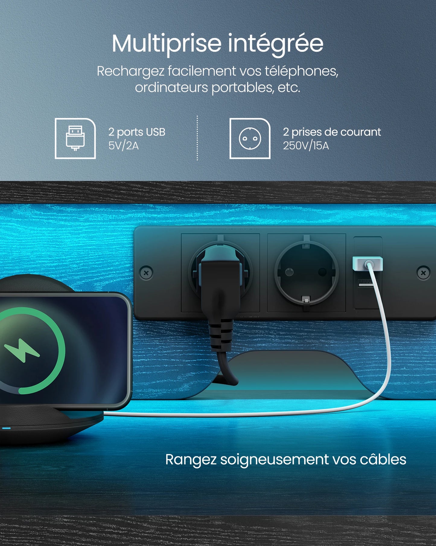 VASAGLE Bureau Gaming avec Lumières LED et Multiprise, Bureau Informatique avec Support d'Écran, Table avec Rangement, 2 Tiroirs en Tissu, 2 Ports USB, pour Bureau