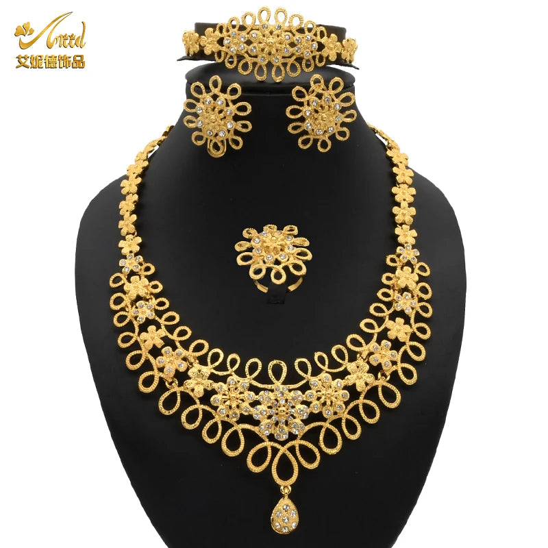 ANIID-Ensembles de bijoux africains pour femmes, boucles d'oreilles fleur, collier ras du cou, bracelet, hawaïen, indien, Dubaï, bijoux dorés, accessoires