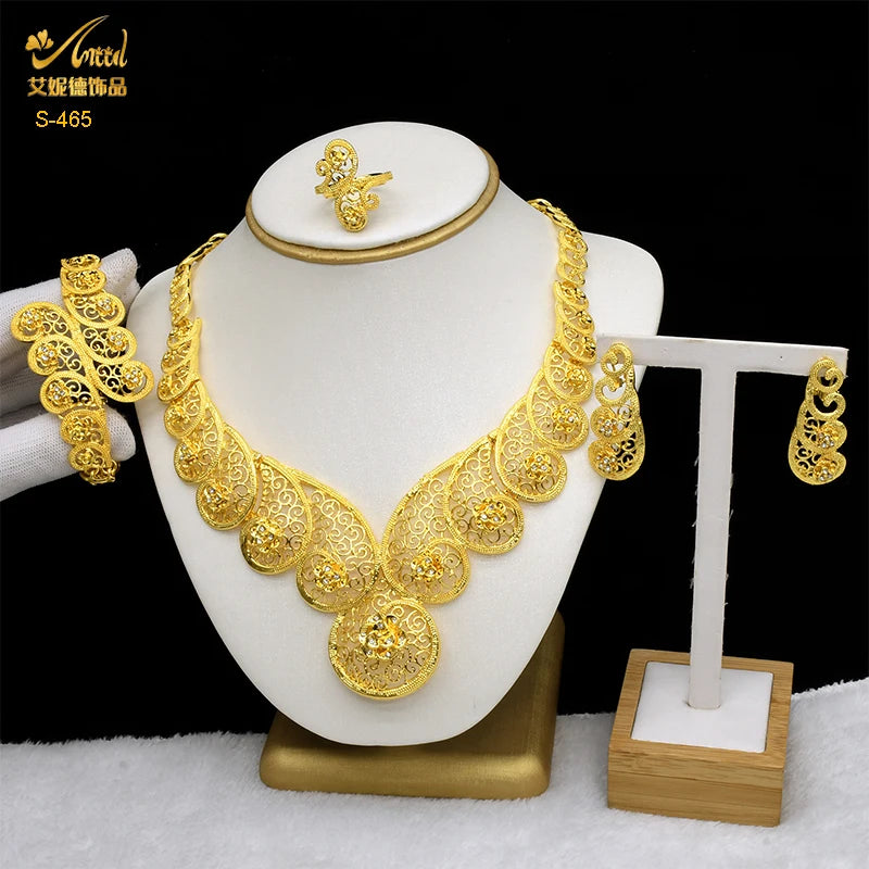 ANIID-Ensembles de bijoux africains pour femmes, boucles d'oreilles fleur, collier ras du cou, bracelet, hawaïen, indien, Dubaï, bijoux dorés, accessoires