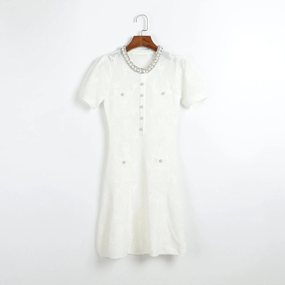 VGH – ensemble deux pièces tricoté pour femmes, col rond, perles épissées, manches courtes, taille haute, Mini robe avec écharpe, tenue unie, nouvelle collection