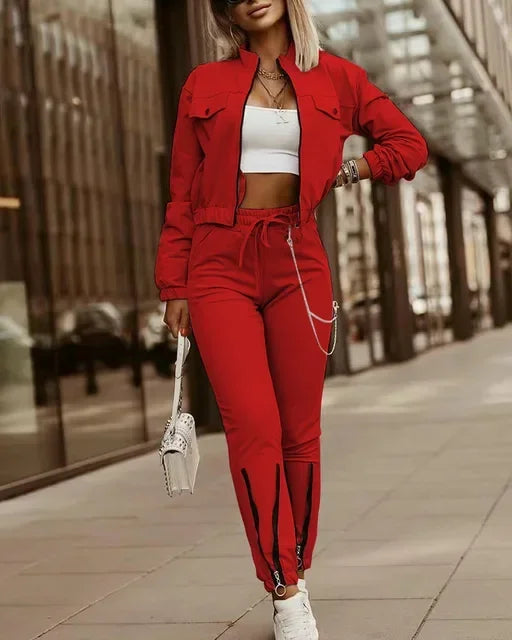 Ensemble de leggings zippés à manches longues pour femmes, veste de proximité, style de rue, 2 pièces