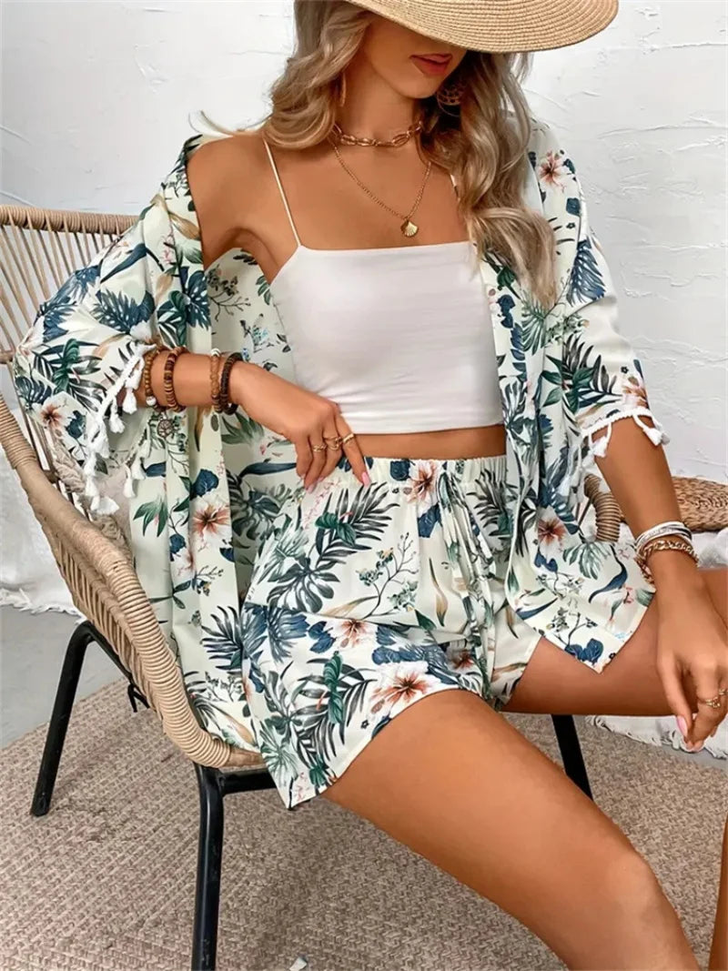 Chemise hawaïenne à manches courtes pour femmes, deux pièces, imprimée, protection solaire
