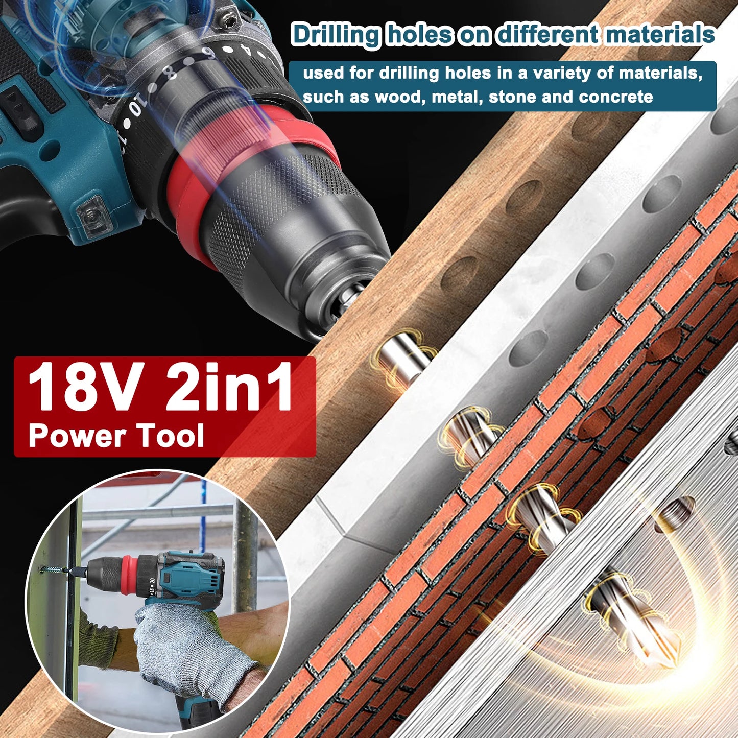 Tournevis électrique sans fil 2 en 1, perceuse, moteur sans balais, couple 45/55Nm, régulation de vitesse en continu, perceuse à pilote au Lithium portable
