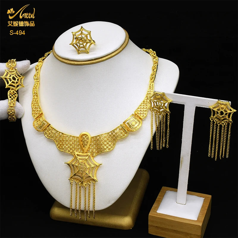 ANIID-Ensembles de bijoux africains pour femmes, boucles d'oreilles fleur, collier ras du cou, bracelet, hawaïen, indien, Dubaï, bijoux dorés, accessoires