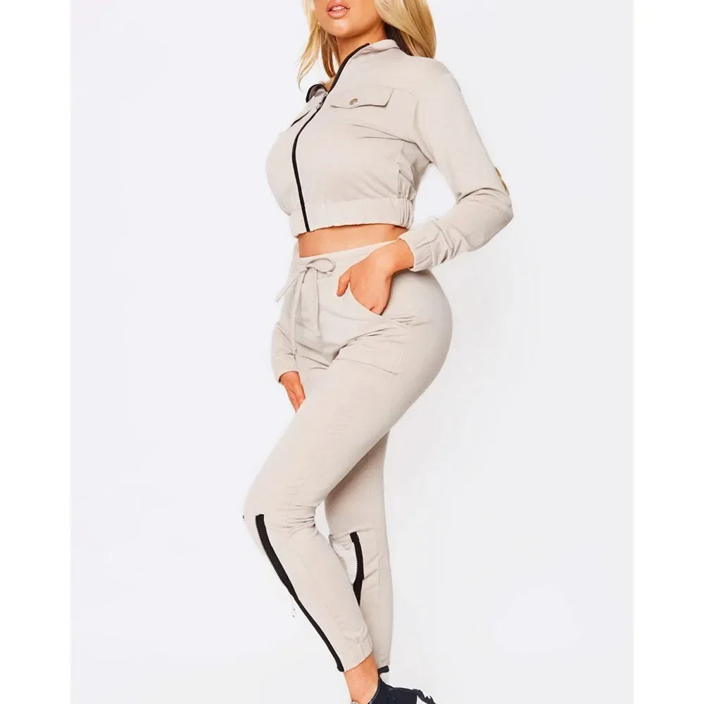 Ensemble de leggings zippés à manches longues pour femmes, veste de proximité, style de rue, 2 pièces