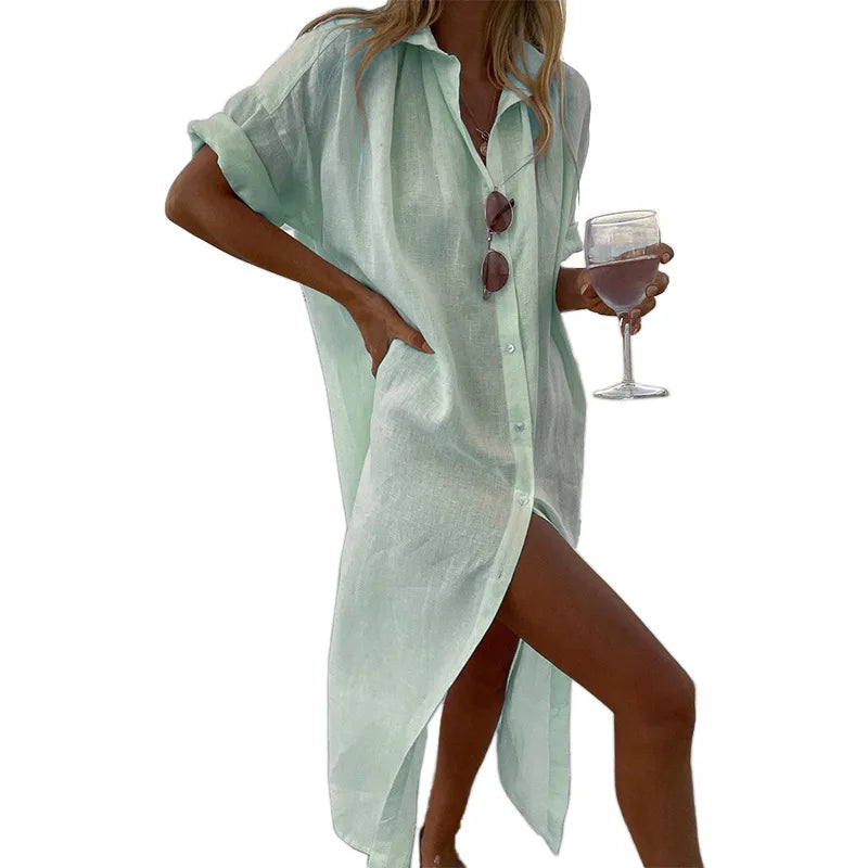 BAMBOOBOY Summer Long Dress Women Three-quarter Sleeve Button Shirts Single Breasted Dresses V-Neck Loose Slit Beach Sundress