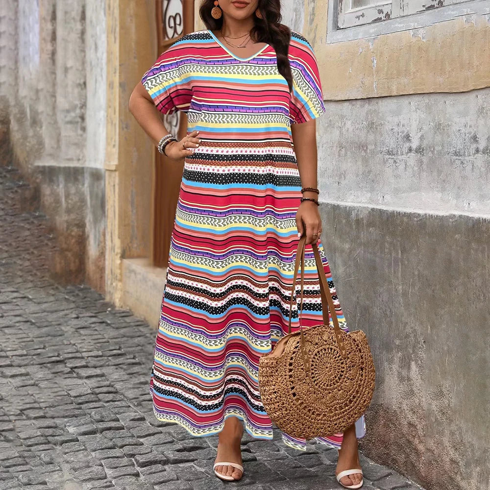 Grande taille femmes Boho imprimé manches courtes T-Shirts robe Maxi été dames décontracté plage vacances robe d'été Size1XL-5XL