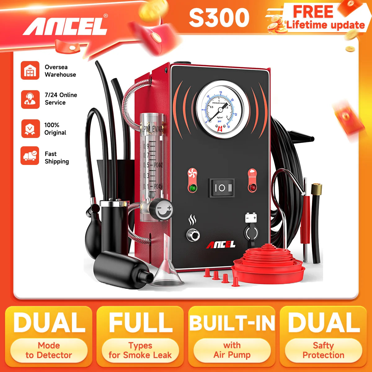 ANCEL S300 détecteur de fuite de fumée de voiture Turbo 12V avec pompe EVAP localisateur de fuite de tuyau générateur de fumée outil de Diagnostic pour voiture moto