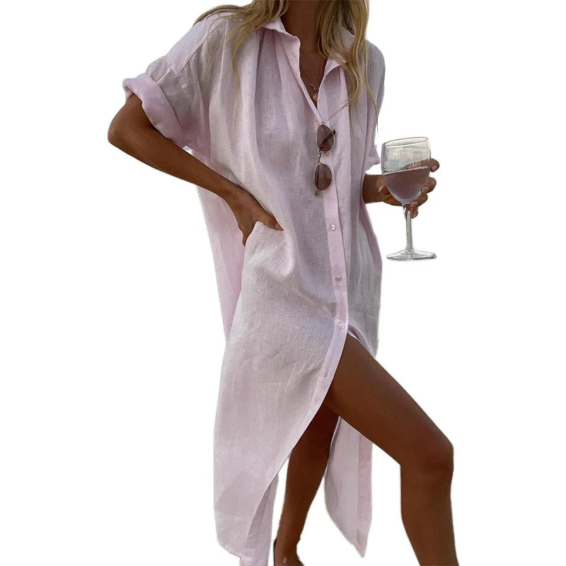 BAMBOOBOY Summer Long Dress Women Three-quarter Sleeve Button Shirts Single Breasted Dresses V-Neck Loose Slit Beach Sundress