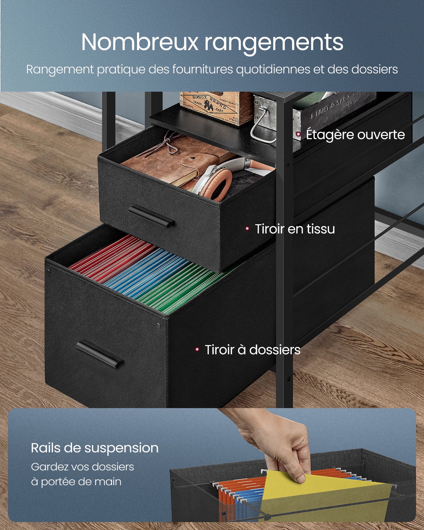VASAGLE Bureau Gaming avec Lumières LED et Multiprise, Bureau Informatique avec Support d'Écran, Table avec Rangement, 2 Tiroirs en Tissu, 2 Ports USB, pour Bureau