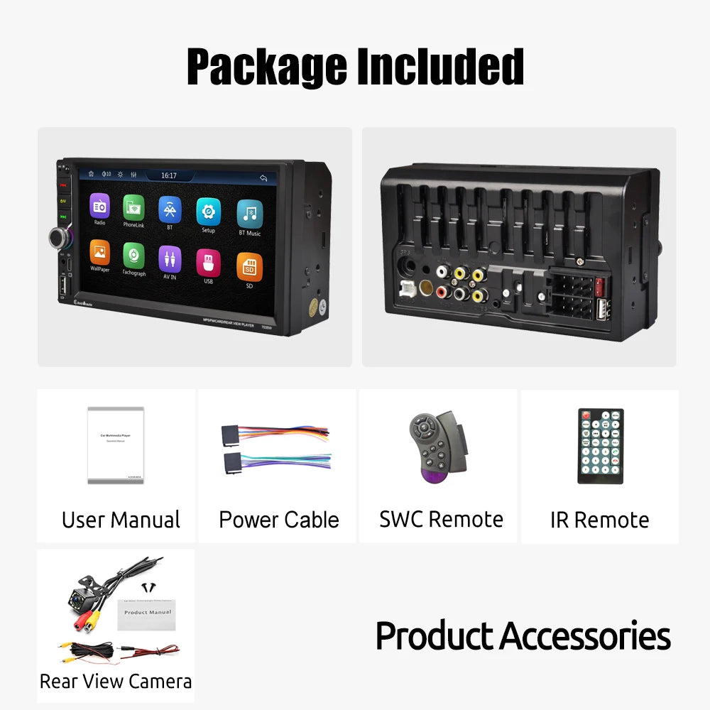 Unité principale autoradio ESSGOO 7 pouces sans fil Apple CarPlay Android Auto Double DIN Radio AUX FM Bluetooth USB TF Touchscreen Mirror Link