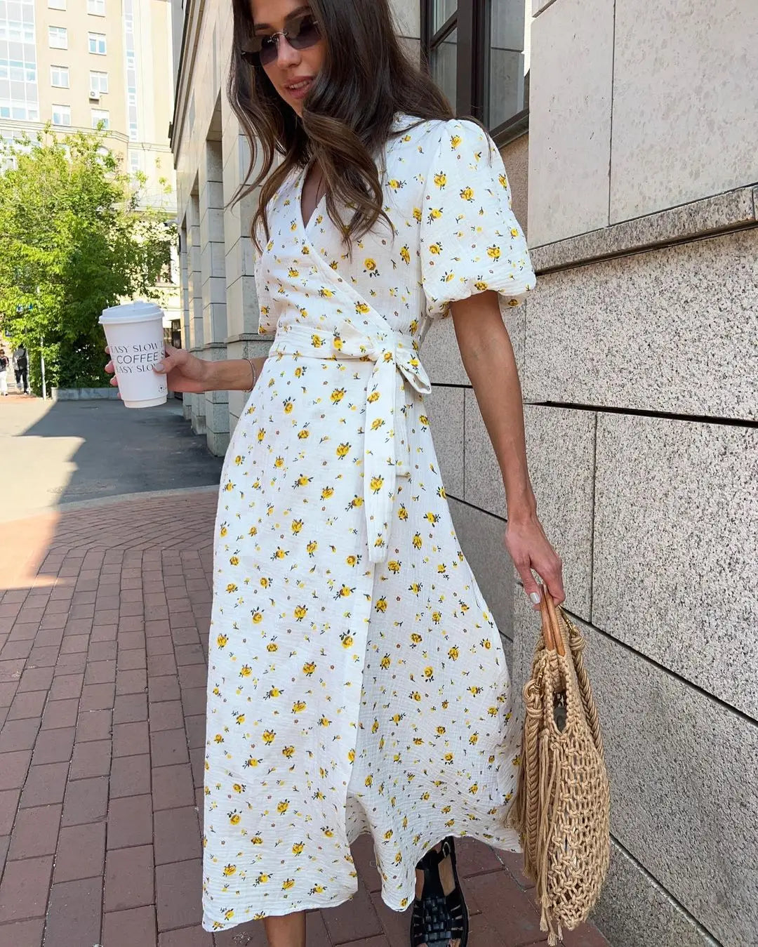 Bornladie Women Psrinted Lace Up Dress Summer Short Sleeve Fashion Office Lady Long Dress 100% Cotton Daily Casual V-neck Skirt