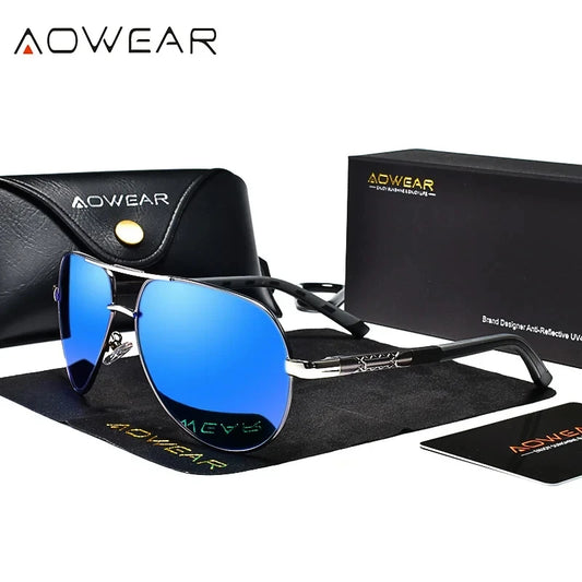AOWEAR Aviation luxe lunettes de soleil hommes polarisées surdimensionné conduite miroir lunettes mâle marque concepteur rétro lunettes avec étui