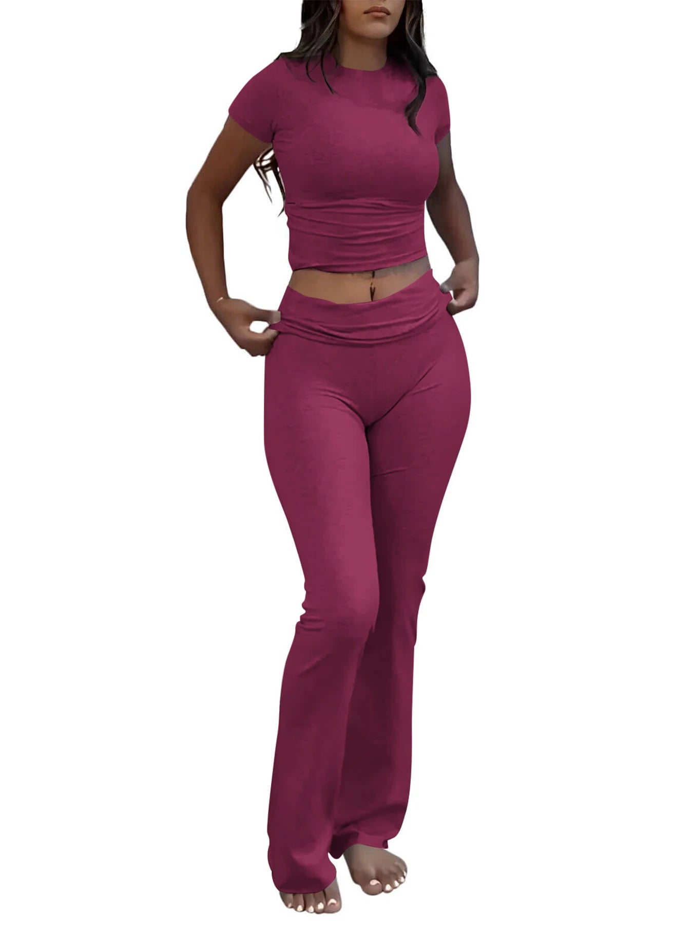Tenue d'entraînement deux pièces décontractée pour femmes, manches courtes, taille haute, pantalon évasé pliable, ensembles de survêtement, Streetwear