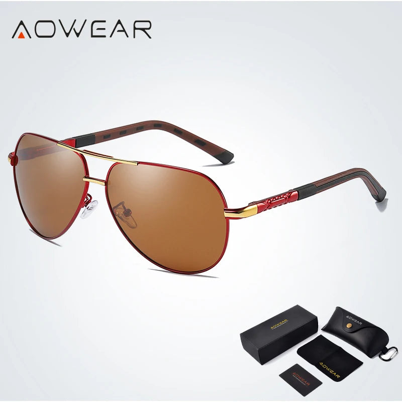 AOWEAR Aviation luxe lunettes de soleil hommes polarisées surdimensionné conduite miroir lunettes mâle marque concepteur rétro lunettes avec étui