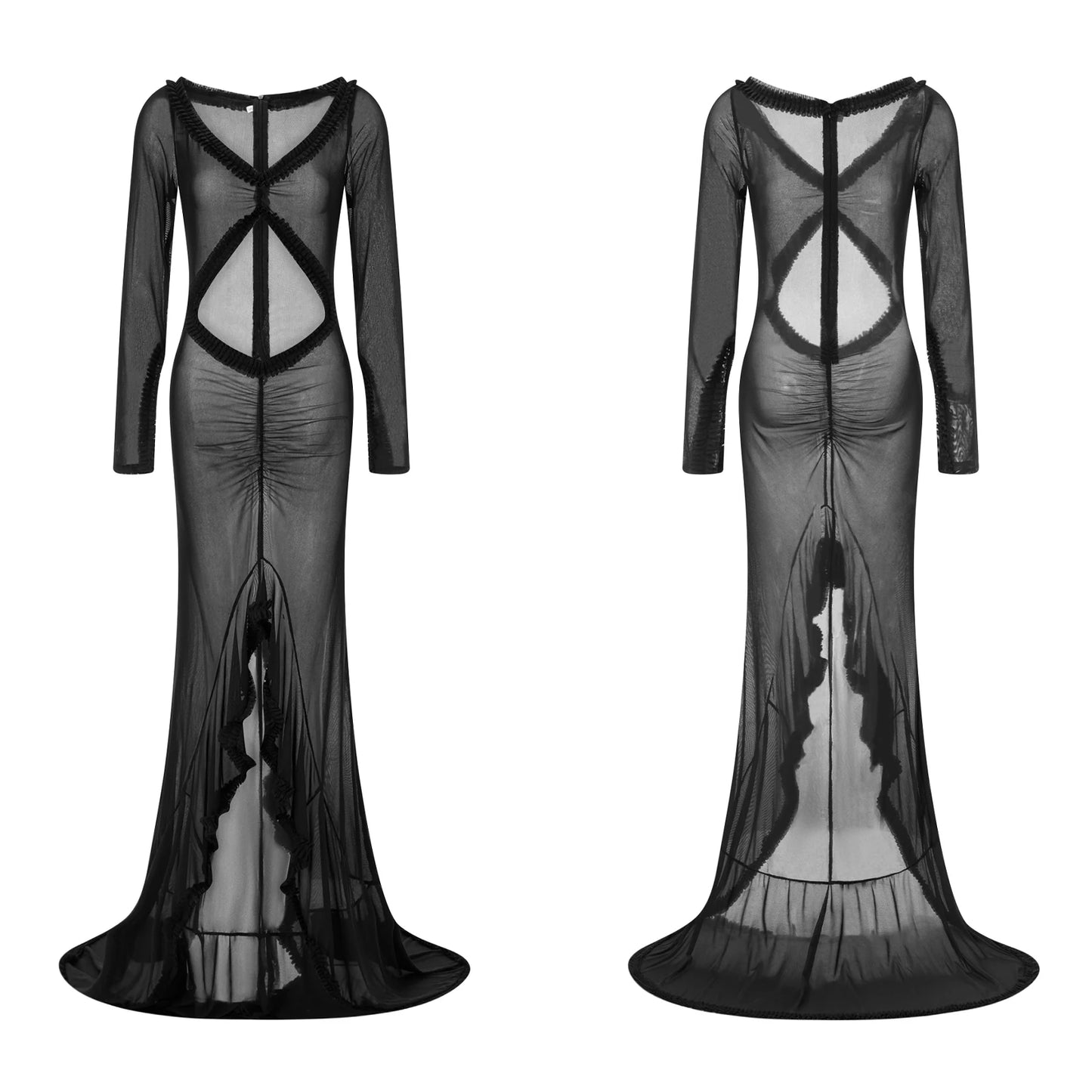 Women's Babydoll Lingerie Mesh Sheer Long Dress Sexy See-Through Long Sleeve Frill Trim V Neck Cutout Long Gown Night Dress
