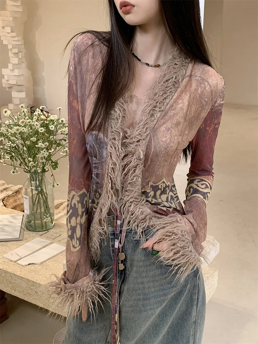 Contest ERART-Cardigans à col en fourrure pour femmes, vestes mixtes, vêtements ethniques en maille, col en V, manteau transparent, mode de créateur, printemps 2024