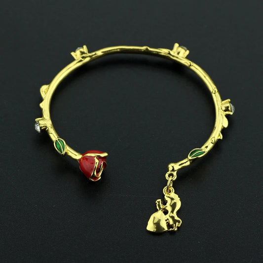 La Belle et la bête couleur or Bracelet Rose fleur créative Rose fleur Bracelet princesse Belle et Adam danse Bracelet à breloques