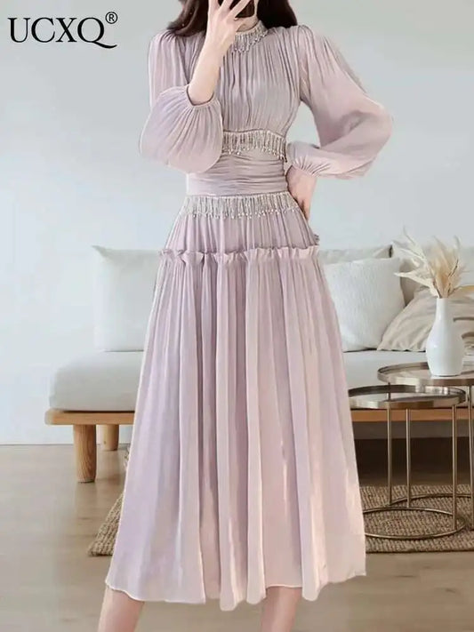 UCXQ Elegant Long Dress French Style Tassels Diamonds Fold Waist Ruffled Edges Evening Dresses Women 2025 Spring Autumn 3WQ8194