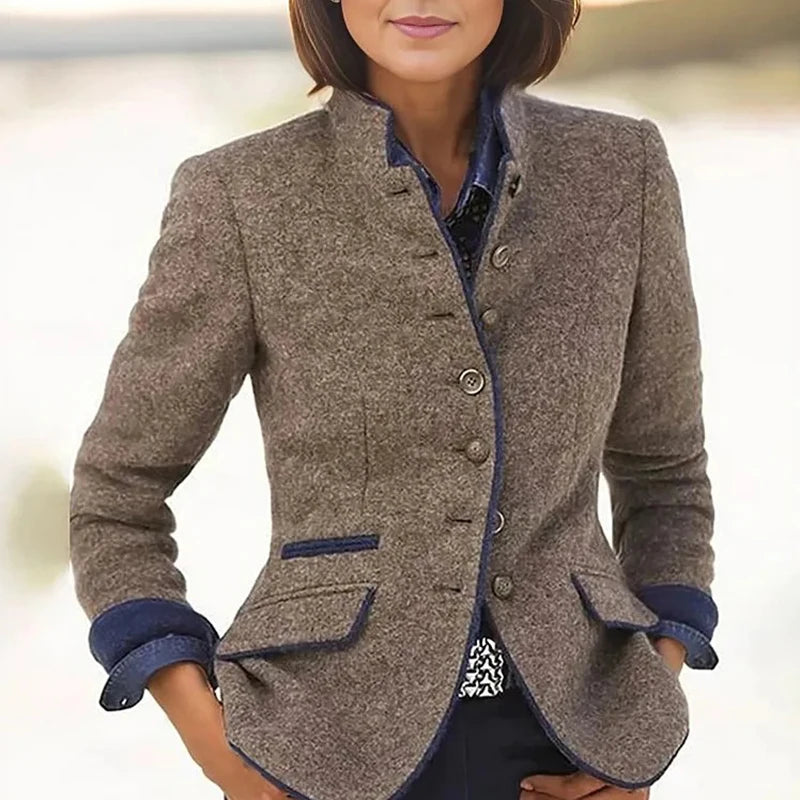 Veste Slim à simple boutonnage pour femme, manteau à col roulé et manches longues, avec poches élégantes, vêtements d'extérieur courts, rétro, blocage de couleur, hiver