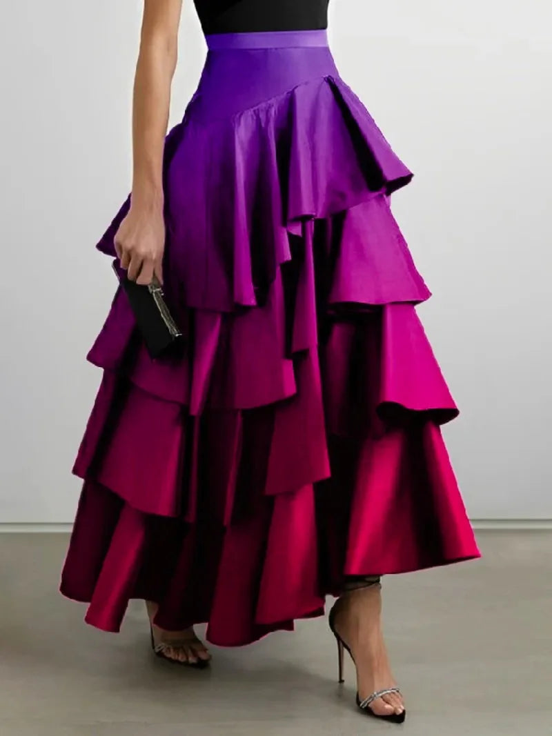Beautyblue robes de soirée élégantes pour femmes 2025 dégradé jupes longues mode a-ligne Falbala taille haute bas jupe femme