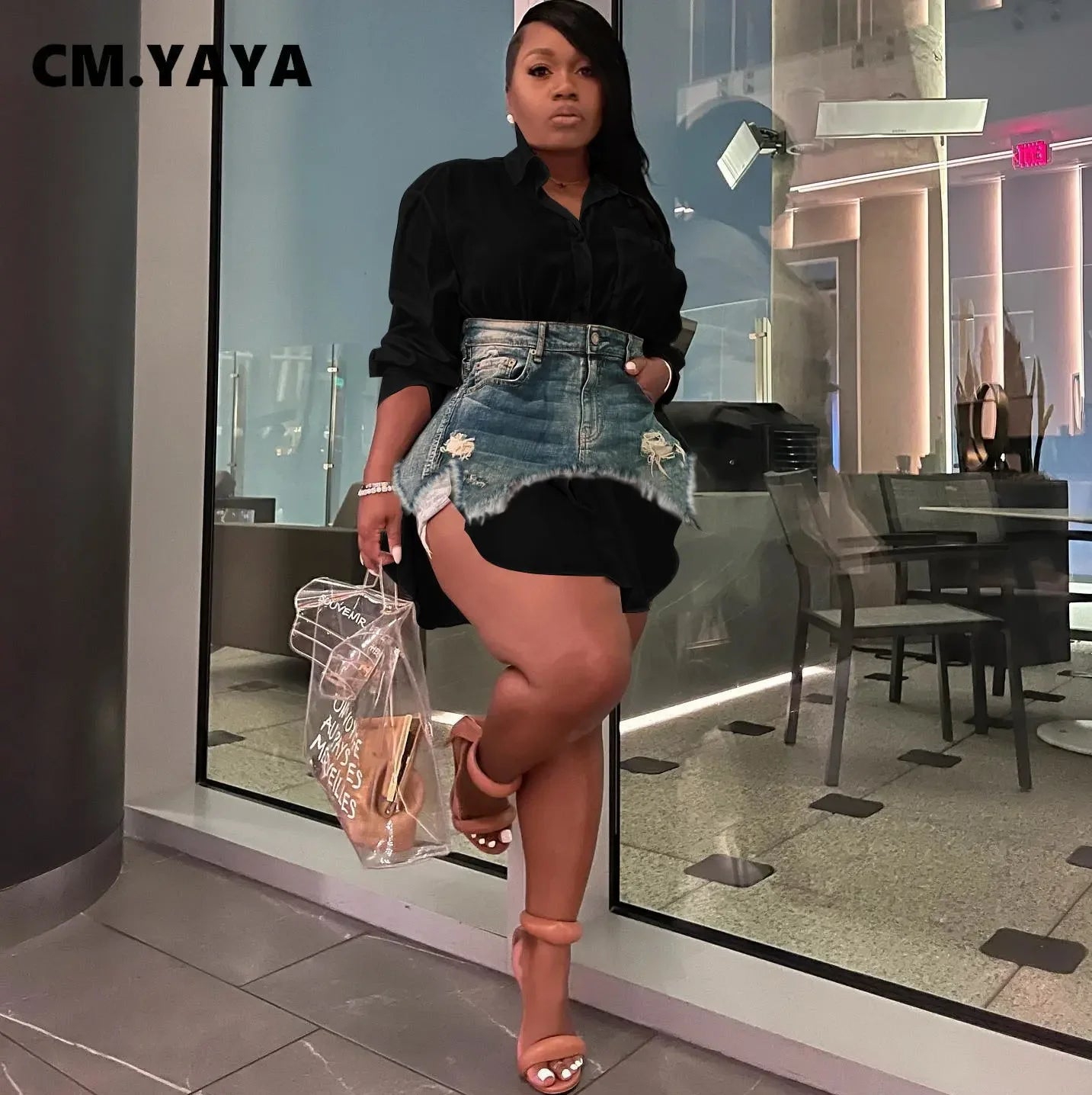 CM.YAYA-Robe Vintage à Manches sulfpour Femme, Col Rabattu, Chemise Style Chemisier avec Jean Denim, Mini Jupe Irrégulière, Ensemble 2 Pièces