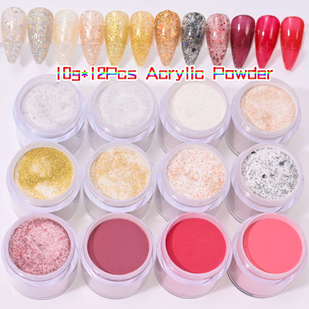 Ensemble de poudre acrylique professionnelle 3 en 1, 12 couleurs, rose chair, 12 pots d'immersion et Extensions d'ongles en acrylique, Structure de poussière, 10g