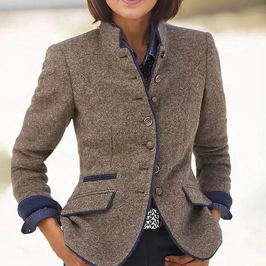 Veste Slim à simple boutonnage pour femme, manteau à col roulé et manches longues, avec poches élégantes, vêtements d'extérieur courts, rétro, blocage de couleur, hiver