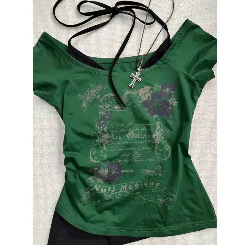 Y2k-T-shirt à Manches Courtes pour Femme, Vêtement Vintage Doux et Sexy, Col Licou, Slim, Décontracté, Populaire, Chic