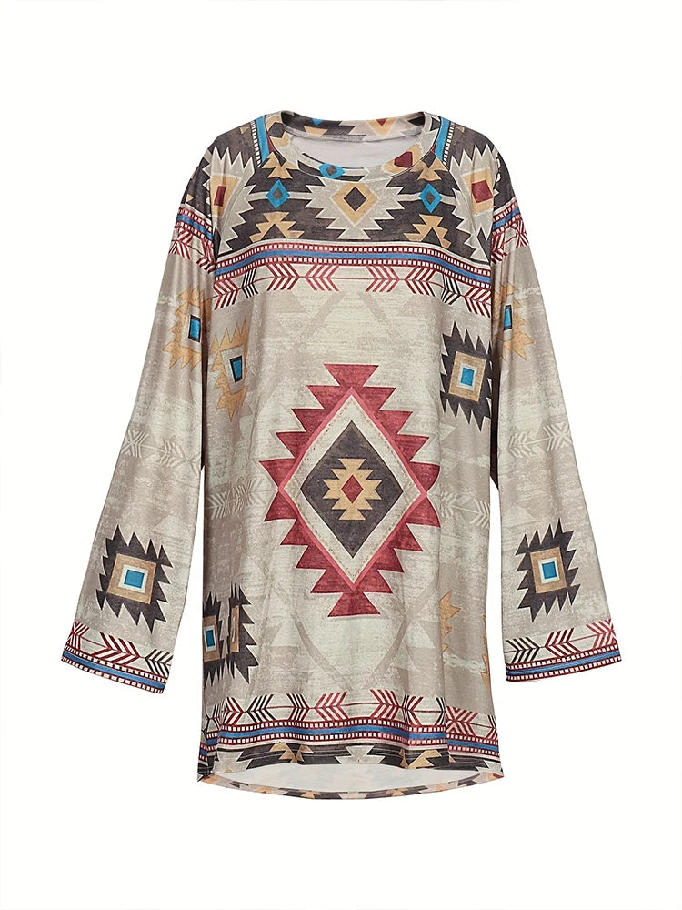 Grande taille femmes Vintage Style ethnique imprimé T-shirt ample manches longues Blouse décontracté col rond hauts sweat pull